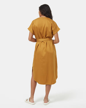 Brown-V-Neck-Cap-Sleeve-Belted-Midi-Dress