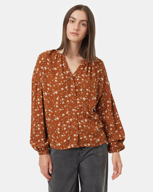 Brown-V-Neck-Crepe-Long-Sleeve-Blouse