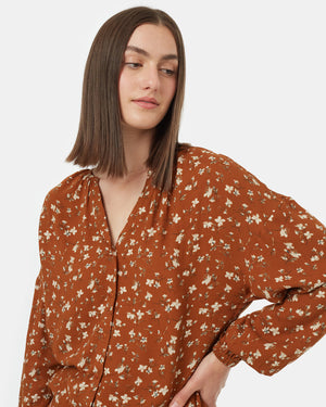 Brown-V-Neck-Crepe-Long-Sleeve-Blouse