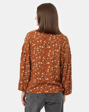 Brown-V-Neck-Crepe-Long-Sleeve-Blouse