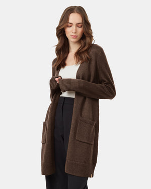 Brown-Womens-Wool-Mid-Length-Cardigan