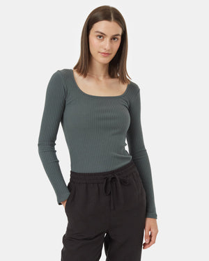 Green-Box-Neck-Ribbed-Long-Sleeve-Top