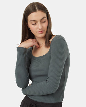 Green-Box-Neck-Ribbed-Long-Sleeve-Top