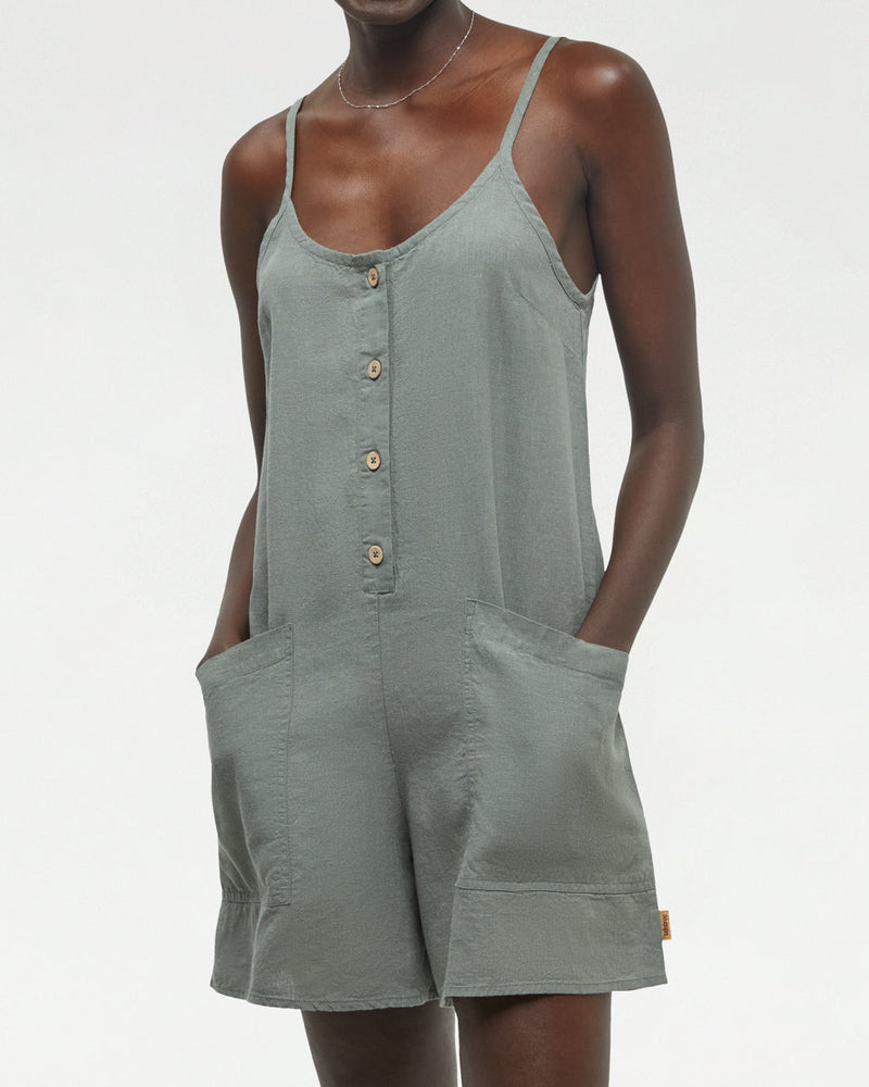Green-Relaxed-Fit-Button-Front-A-Line-Romper