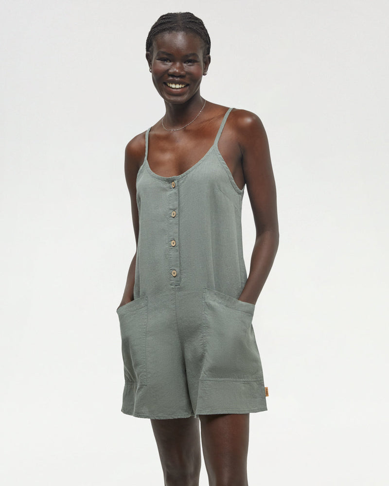 Green-Relaxed-Fit-Button-Front-A-Line-Romper