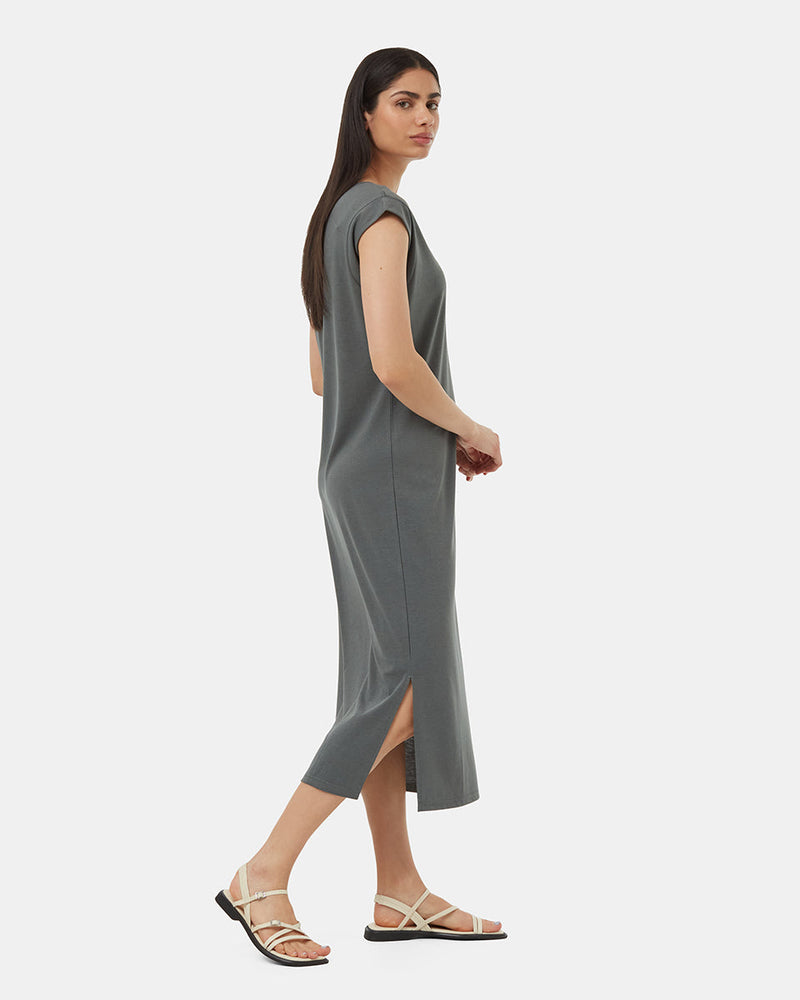 Green-Relaxed-V-Neck-Cap-Sleeve-Midi-Length-Dress