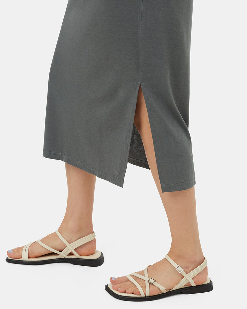 Green-Relaxed-V-Neck-Cap-Sleeve-Midi-Length-Dress