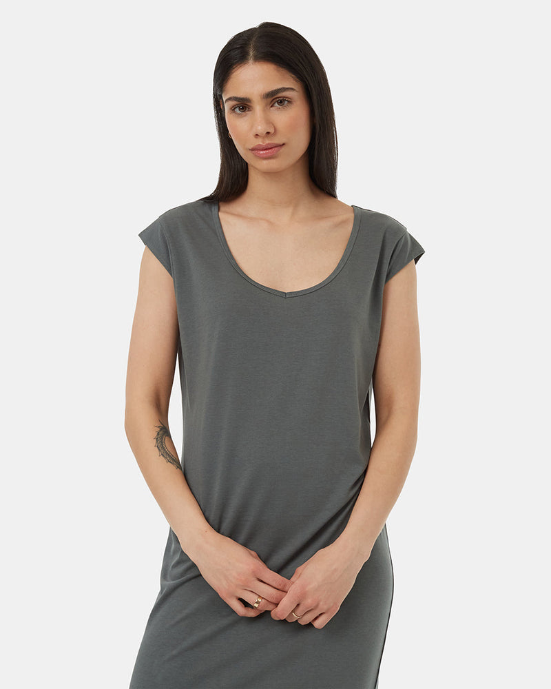Green-Relaxed-V-Neck-Cap-Sleeve-Midi-Length-Dress