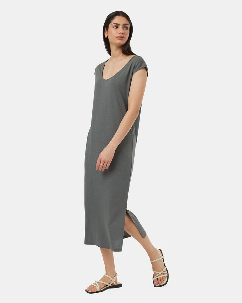 Green-Relaxed-V-Neck-Cap-Sleeve-Midi-Length-Dress