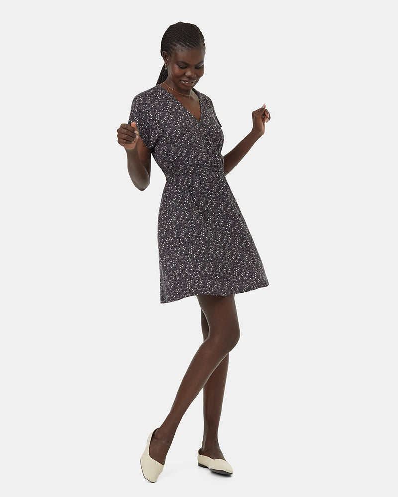 Grey-Knee-Length-V-Neck-Patterned-Wrap-Dress