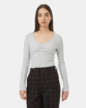 Grey-V-Neck-Long-Sleeve-Ruched-Top