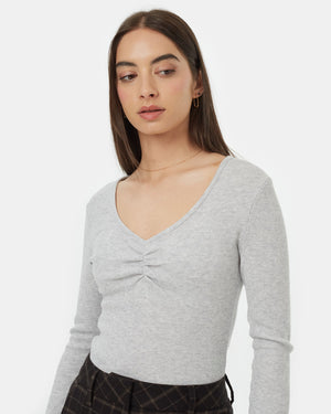 Grey-V-Neck-Long-Sleeve-Ruched-Top