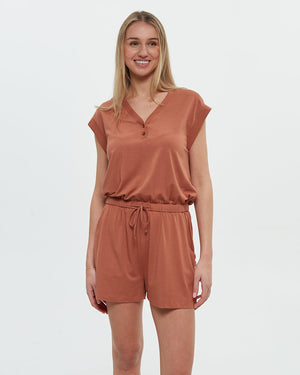 Orange-V-Neck-Drawstring-Waist-Romper