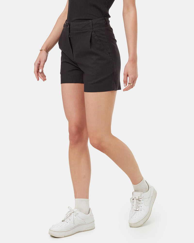 Black-Womens-Hemp-Pleated-High-Waisted-Shorts