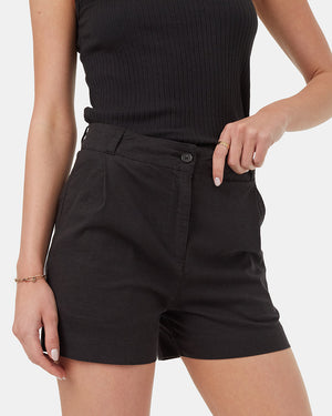 Black-Womens-Hemp-Pleated-High-Waisted-Shorts