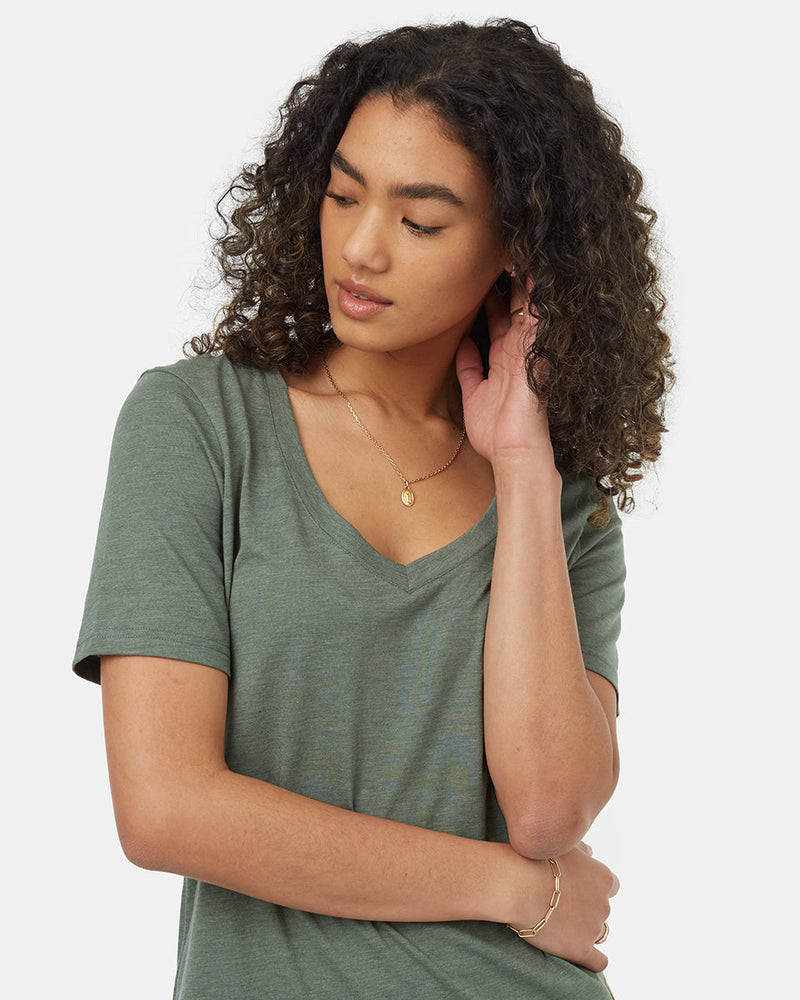 Green-V-Neck-Short-Sleeve-T-Shirt