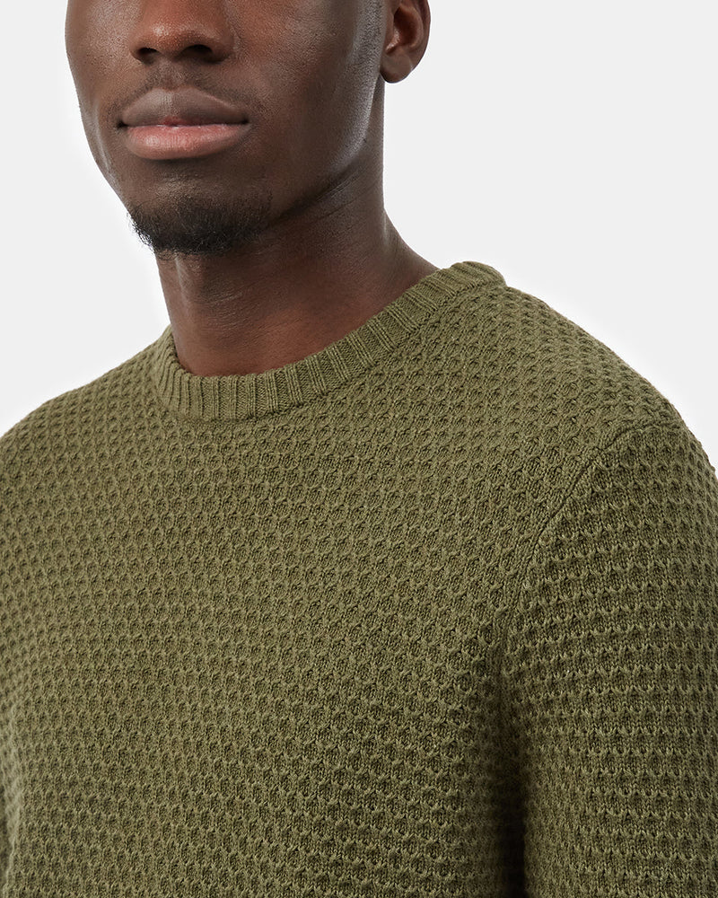 Green Men's Waffle Knit Crew Neck Sweater