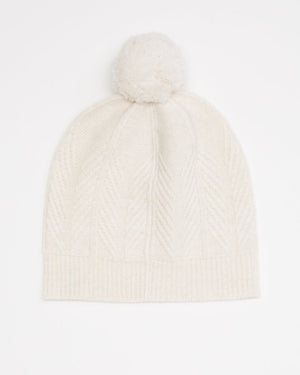 White Wool Cable Knit Pom Toque