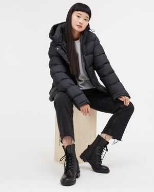 Black Water-Resistant Mid-Length Puffer Jacket