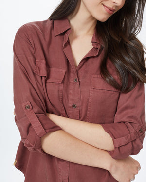 Red Women's Tencel Long Sleeve Button Up