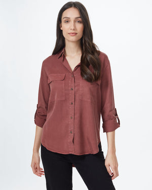 Red Women's Tencel Long Sleeve Button Up