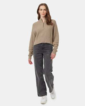 Brown-Women_s-Eco-Friendly-Quarter-Zip-Cropped-Longsleeve-Top