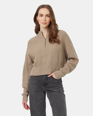 Brown-Women_s-Eco-Friendly-Quarter-Zip-Cropped-Longsleeve-Top